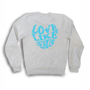 love like jesus blue sweater gray back